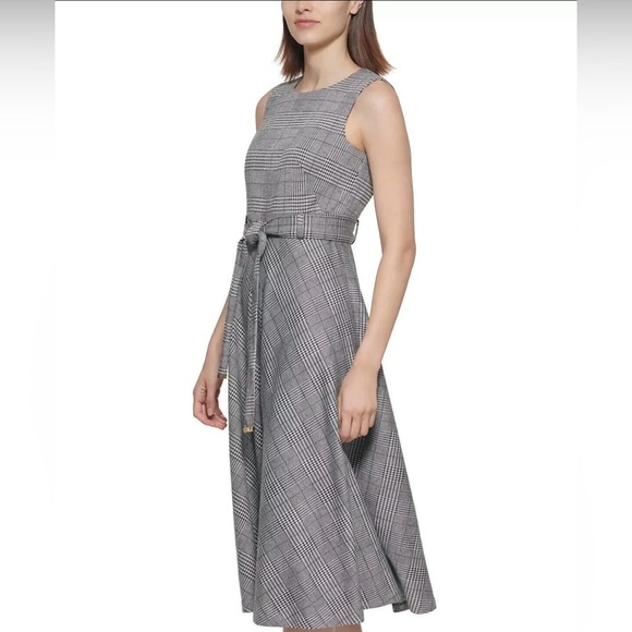 Calvin Klein Gray Fit + Flare ‘Glen’ Plaid Belted Midi Dress, Size 4 - Picture 2 of 7